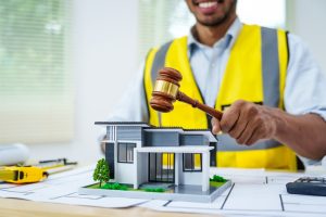 male architect works at desk with house model toy and A3 paper blueprints, construction real estate law